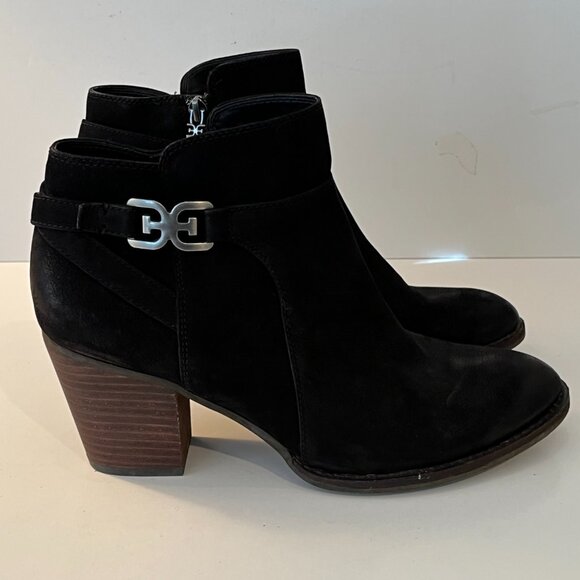Sam‎ Edelman Morgan Black Nubuck Leather Ankle Boots Stacked Block Heel Size 11 - Picture 1 of 10